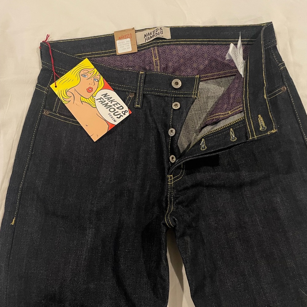 Naked & Famous Denim Dark Indigo Slim Straight Jeans with Purple Pocketing